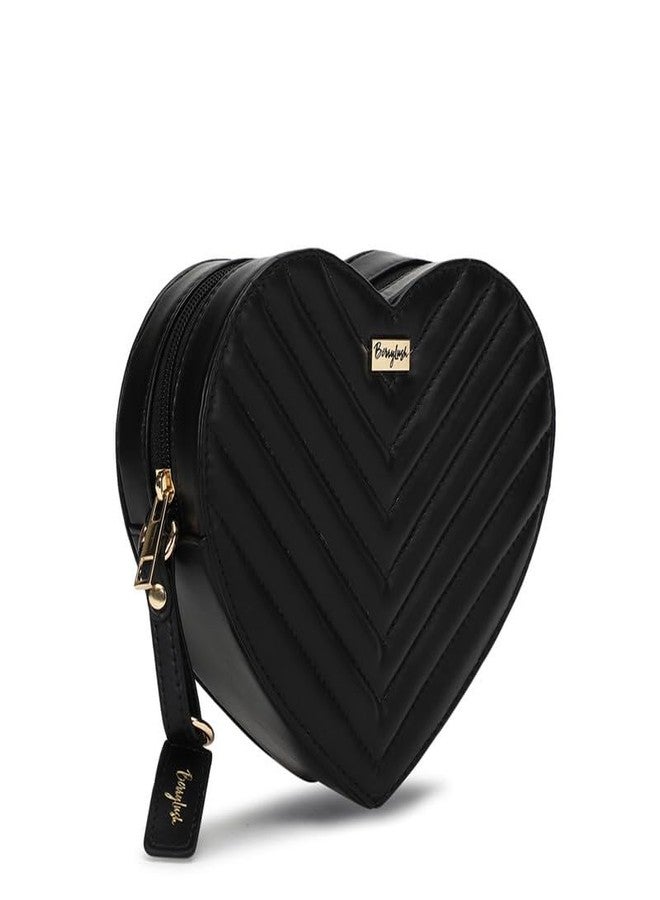 Berrylush Women Solid Black Quilted Pattern PU Detachable Sling Strap Heart Structured Regular Sling Bag - Image 3
